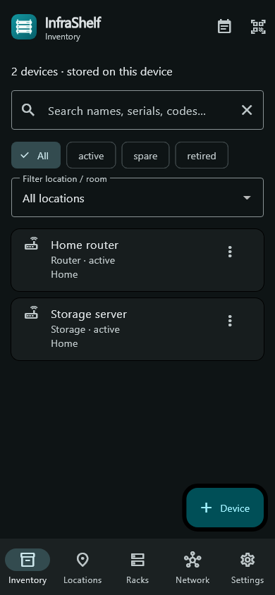 InfraShelf development preview showing a home router and storage server in the inventory
