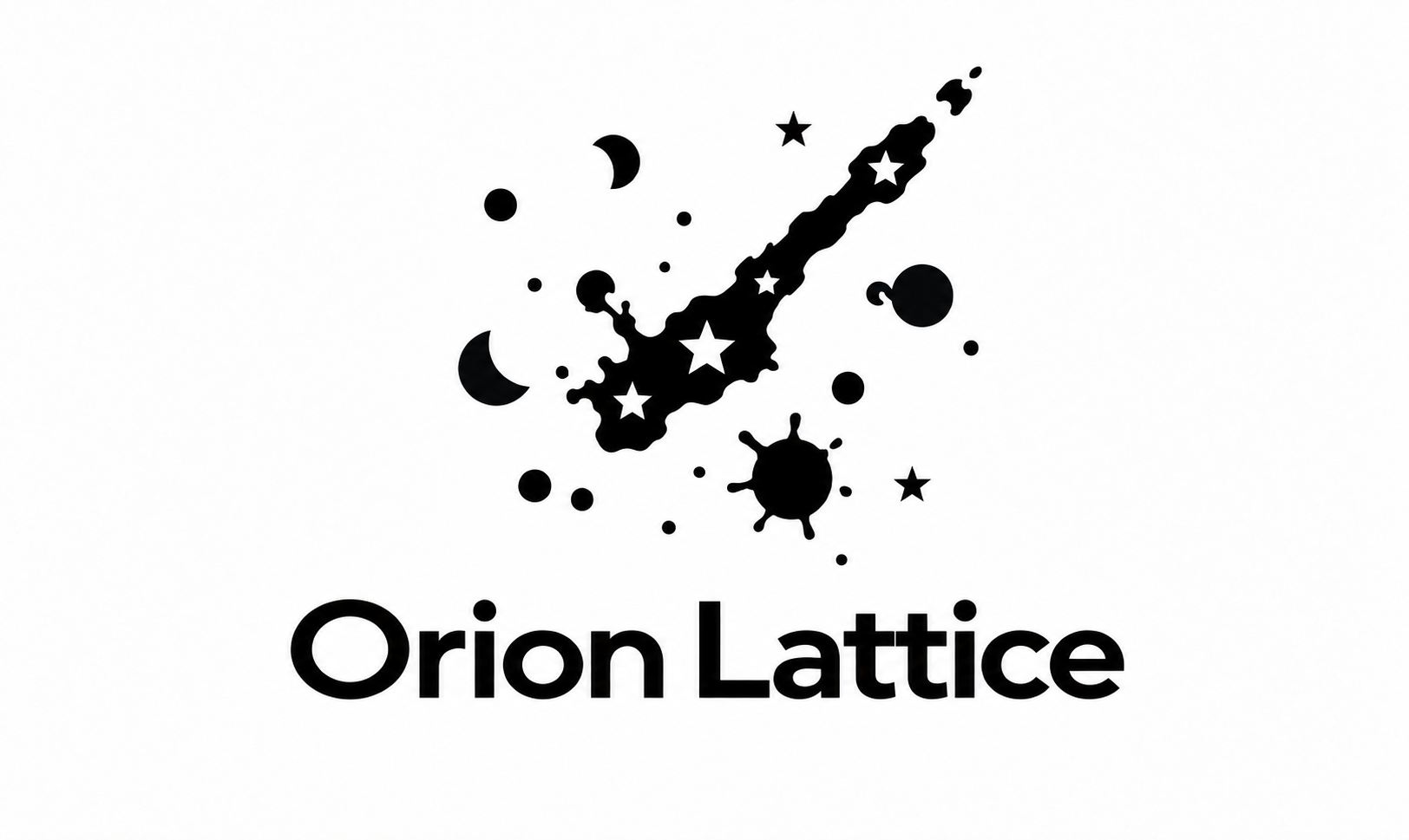 Orion Lattice celestial logo with scattered stars and planets